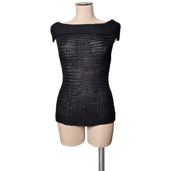 Vintage 90's Y2K POW WOW  Black Silk Sleeveless Chunky Knit Sweater Top Boatneck - Picture 1 of 2